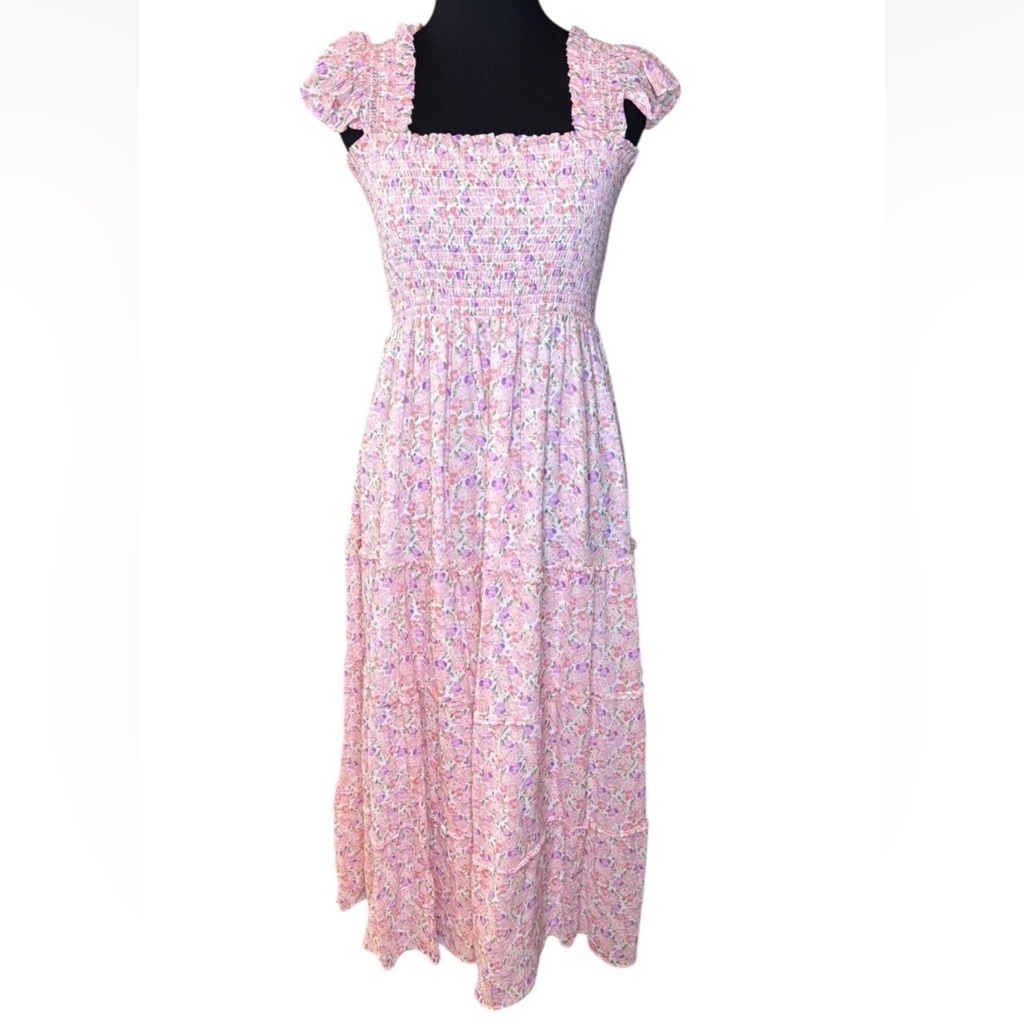 Smocked Pink Floral Midi Dress With Puff Sleeves